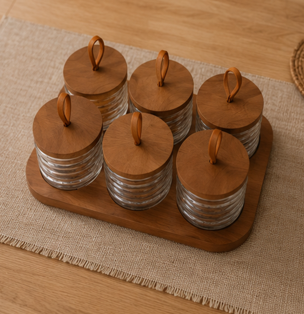 Conjunto de 6 Frascos de Armazenamento de Vidro com Tabuleiro de Madeira - AYD305-84