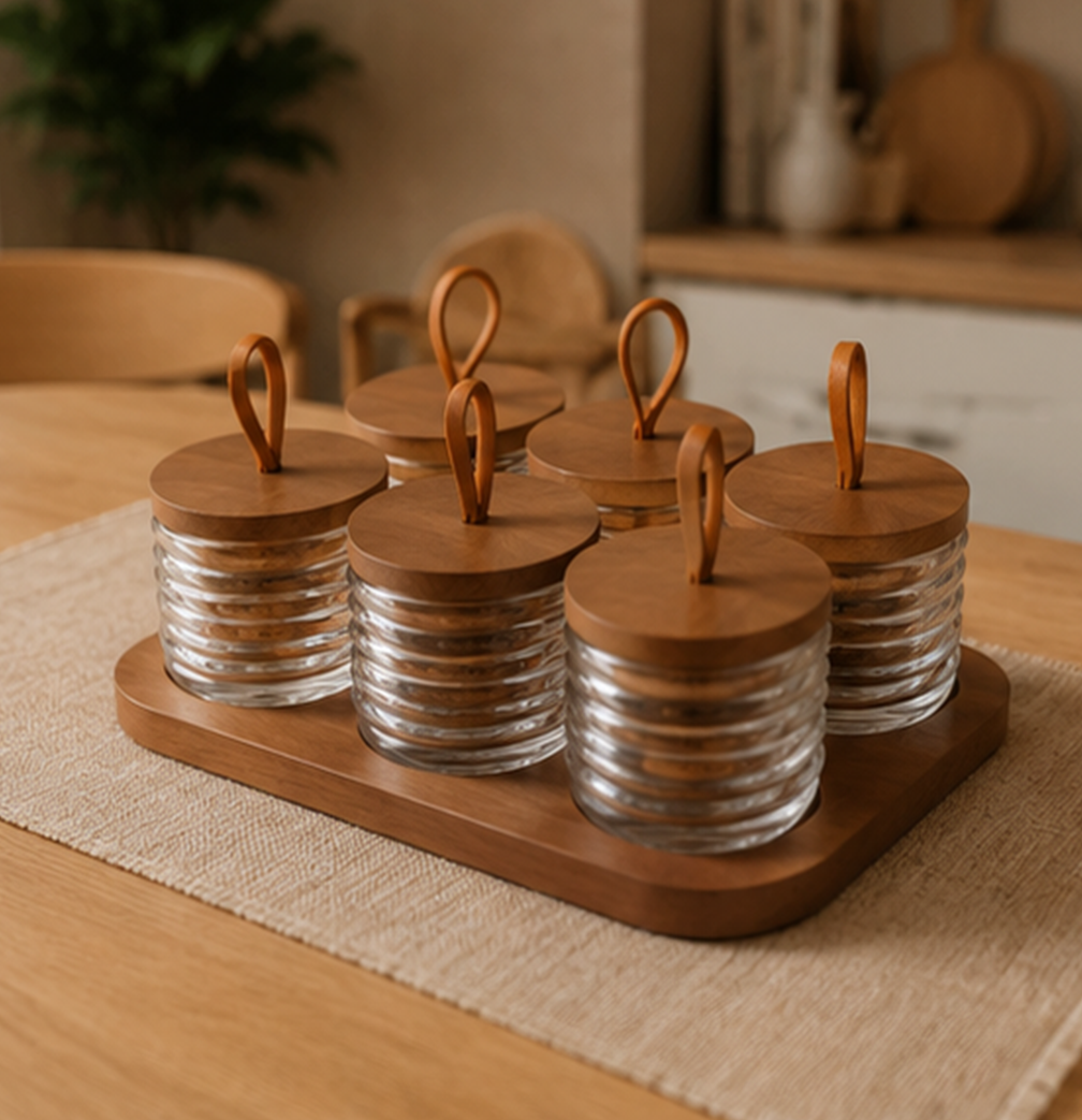 Conjunto de 6 Frascos de Armazenamento de Vidro com Tabuleiro de Madeira - AYD305-84