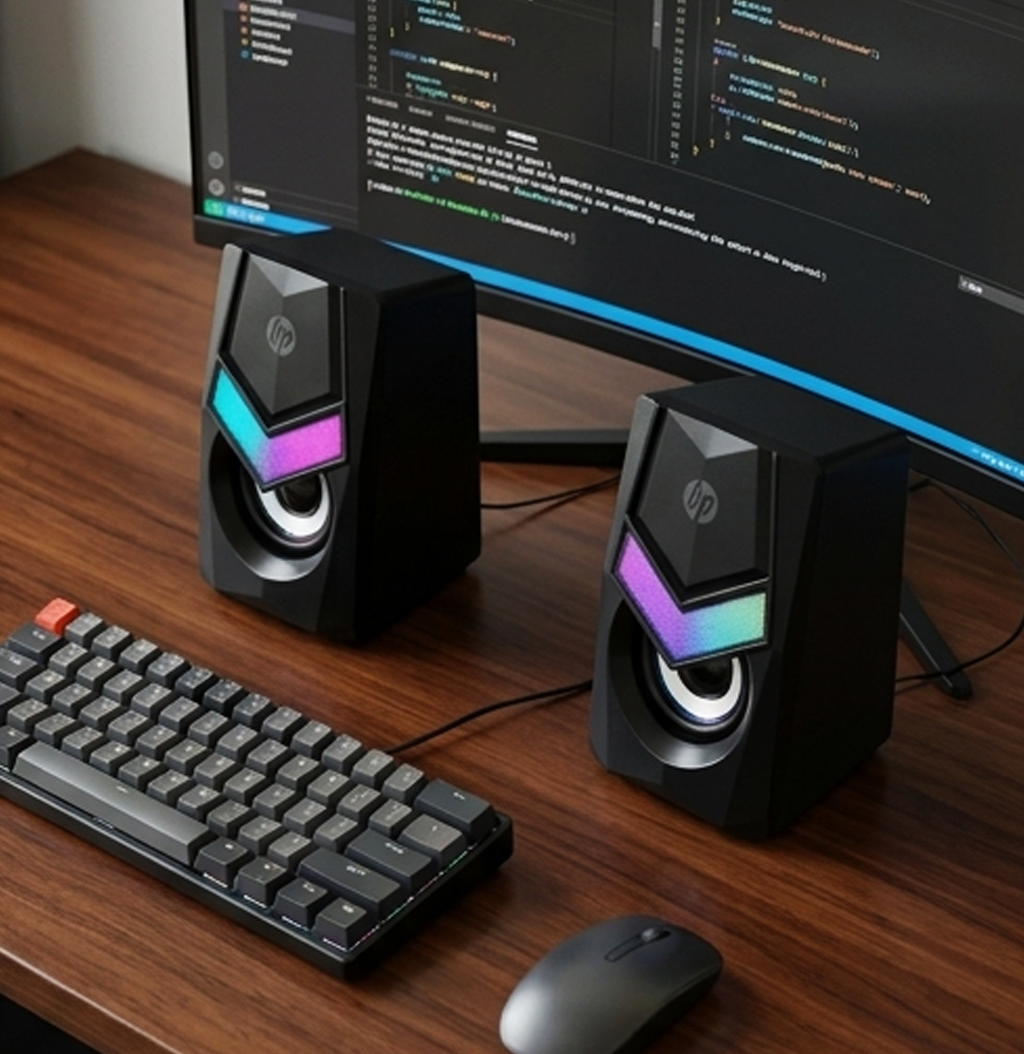 Colunas estéreo multimédia RGB HP DHE-6000 – Conjunto de colunas de secretária para jogos com LED (IT0035)