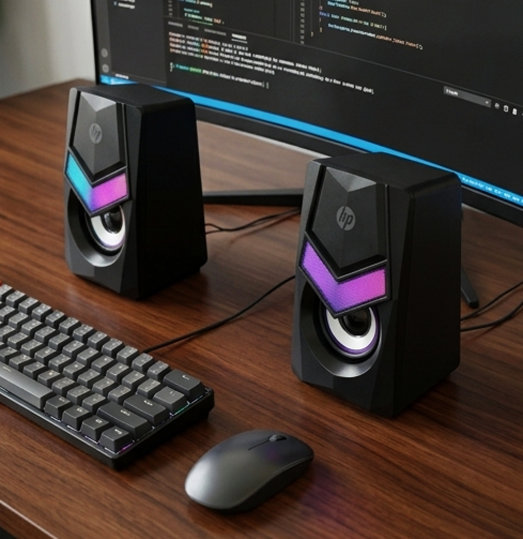 Colunas estéreo multimédia RGB HP DHE-6000 – Conjunto de colunas de secretária para jogos com LED (IT0035)