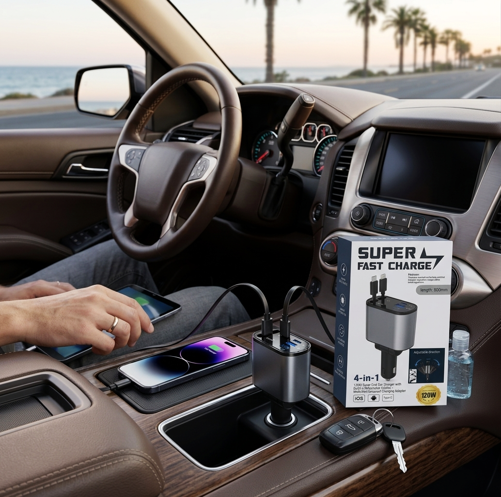 Carregador de Carro Super Rápido 4 em 1 de 120 W com Cabos Retráteis Integrados – Adaptador de Carregamento Universal Multi-Portas (IT0132)