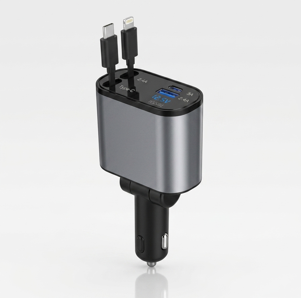 Carregador de Carro Super Rápido 4 em 1 de 120 W com Cabos Retráteis Integrados – Adaptador de Carregamento Universal Multi-Portas (IT0132)