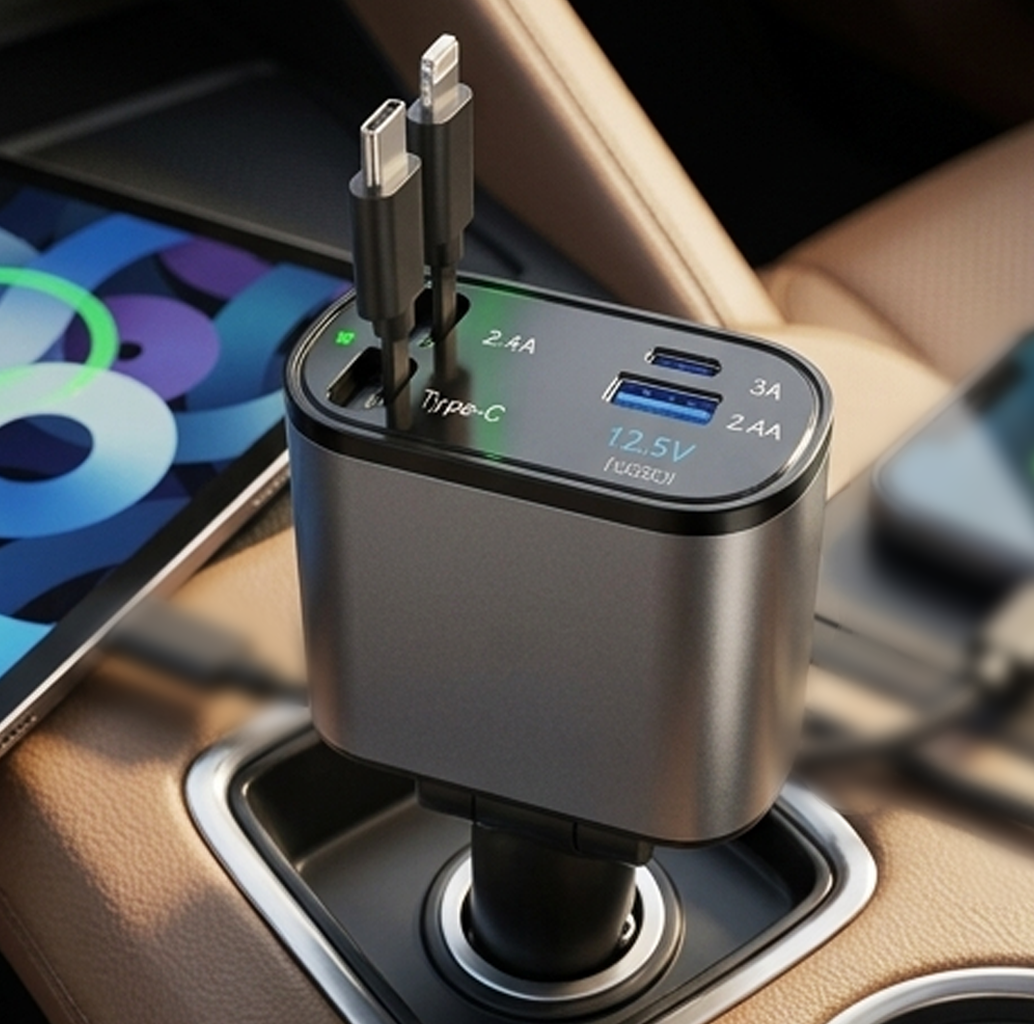 Carregador de Carro Super Rápido 4 em 1 de 120 W com Cabos Retráteis Integrados – Adaptador de Carregamento Universal Multi-Portas (IT0132)