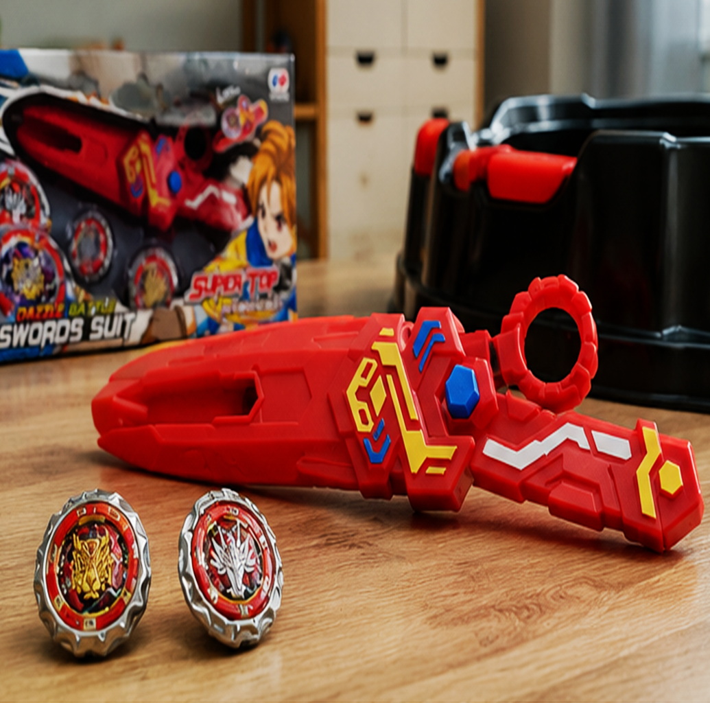 Conjunto de Batalha de Piões para Crianças com Lançador de Espada – Jogo de Ação Rotativa
