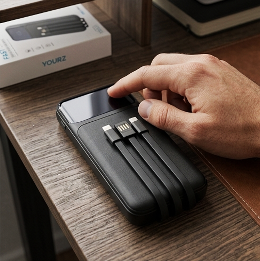 Power Bank de Carregamento Rápido YOURZ 15000mAh – Saída de 30W com Cabos Integrados e Ecrã LED (AYD253-54)