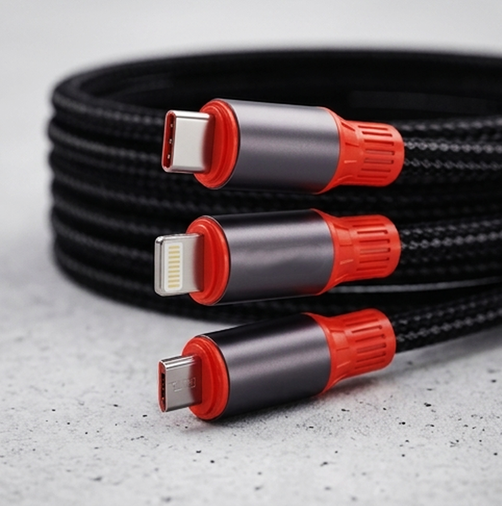 Cabo de carregamento rápido AEMAI AX-65 3 em 1 (1,2 M) – USB-A para Lightning, Tipo-C e Micro USB (AYC338-13)