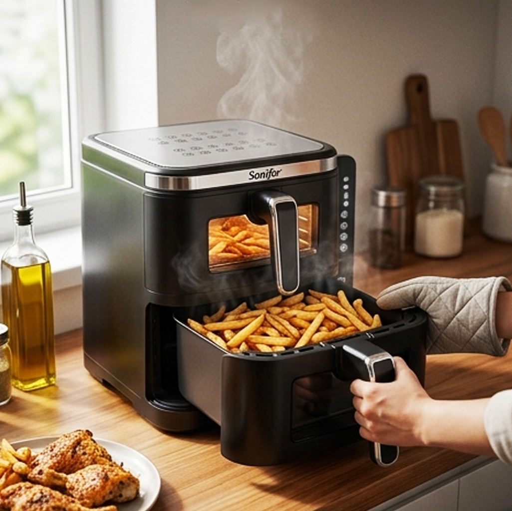 Fritadeira de Ar de Cesto Duplo Sonifer SF-1046: 5.5 Litros, 12 Menus, Ecrã Tátil