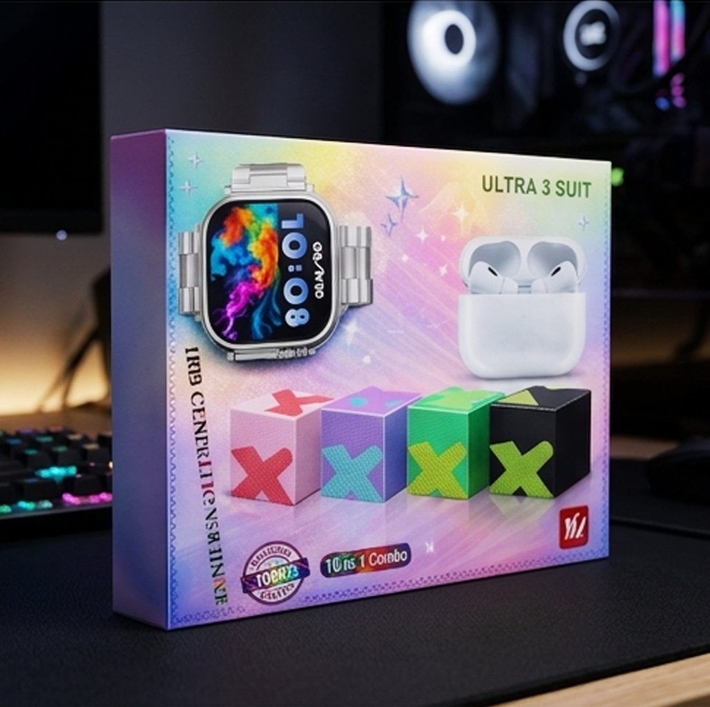 Pack Combo Smartwatch Ultra 3 – Conjunto Sem Fios 10-em-1 com Auriculares e Mini Colunas Bluetooth (IT0158)