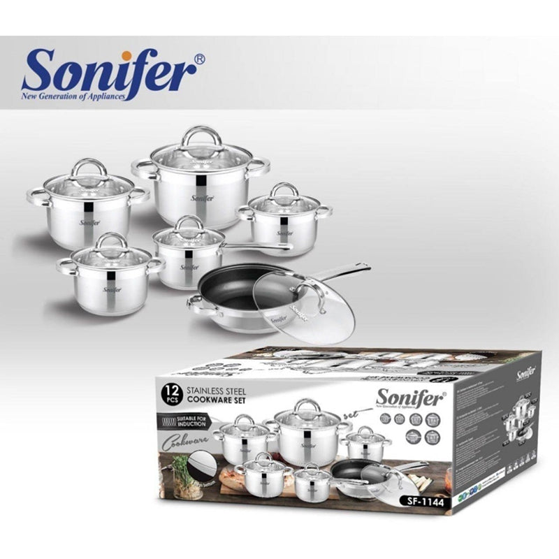 Sonifer 12-Piece Stainless Steel Cookware Set with 3-Layer Bottom & Lids