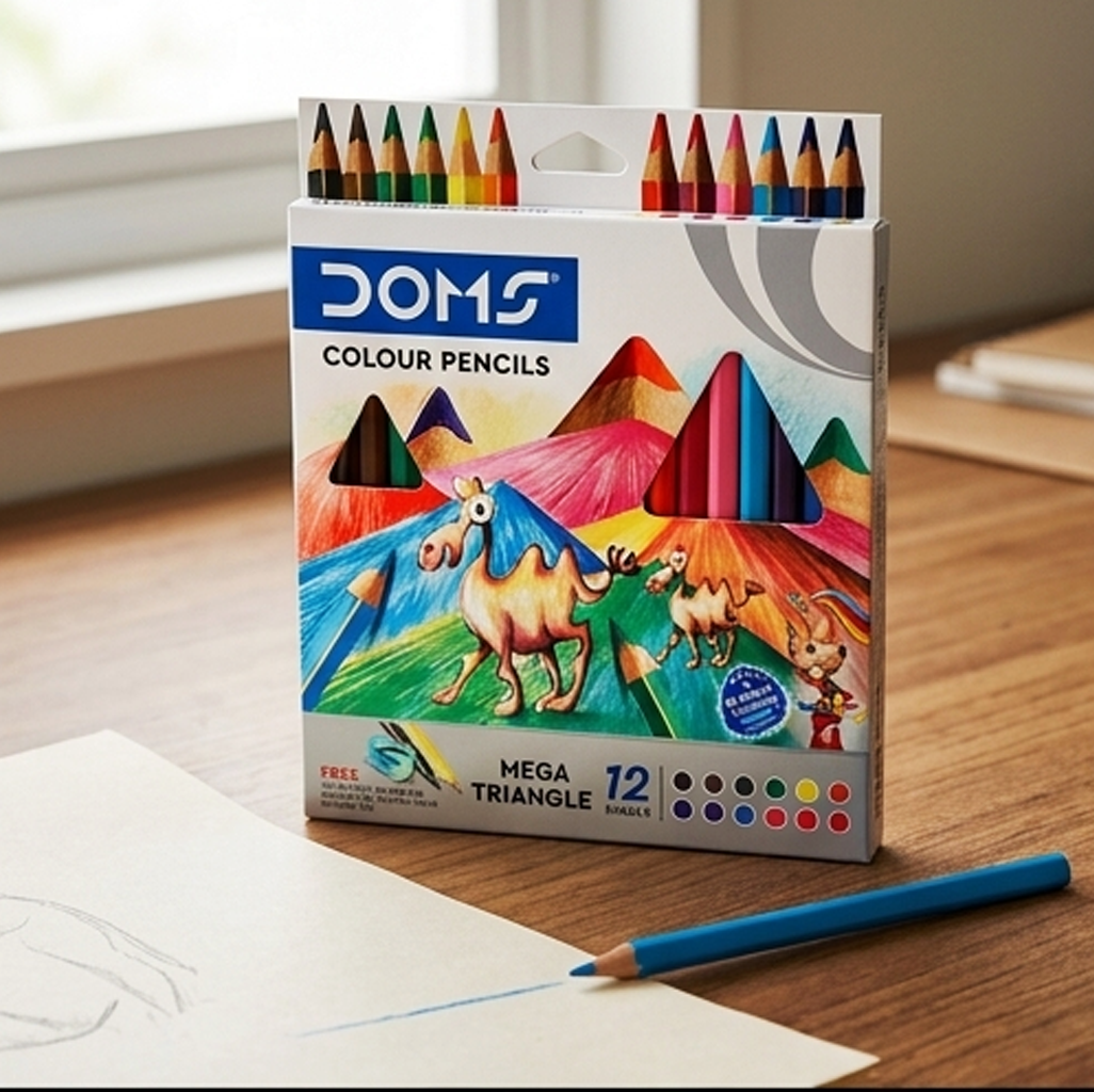 DOMS-7944- Lápis de Cor Mega Triangular Mina 5.5mm, 12 Cores Vibrantes, Pega Ergonómica (Cod: 8908004279441)