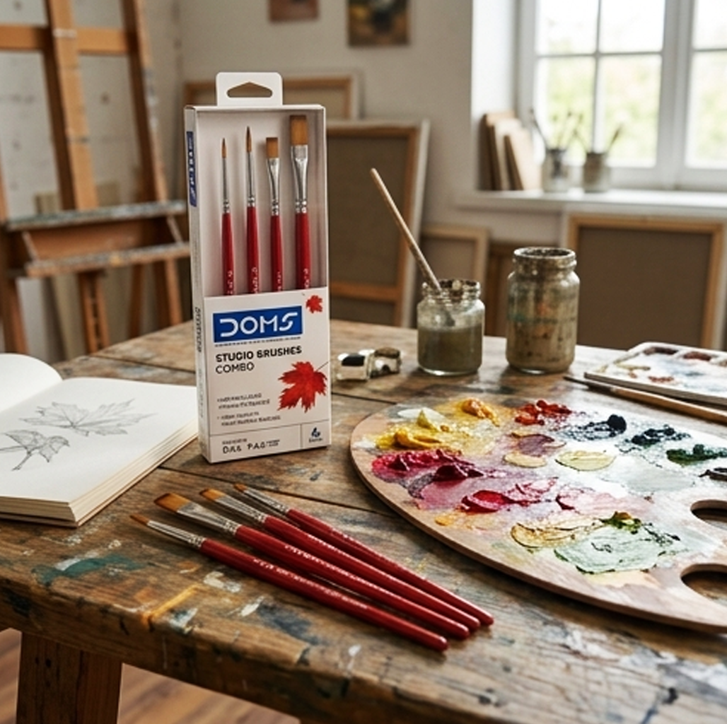 Conjunto de Pincéis para Pintura Artística DOMS Studio: 4 Pincéis Multimédia Planos e Redondos