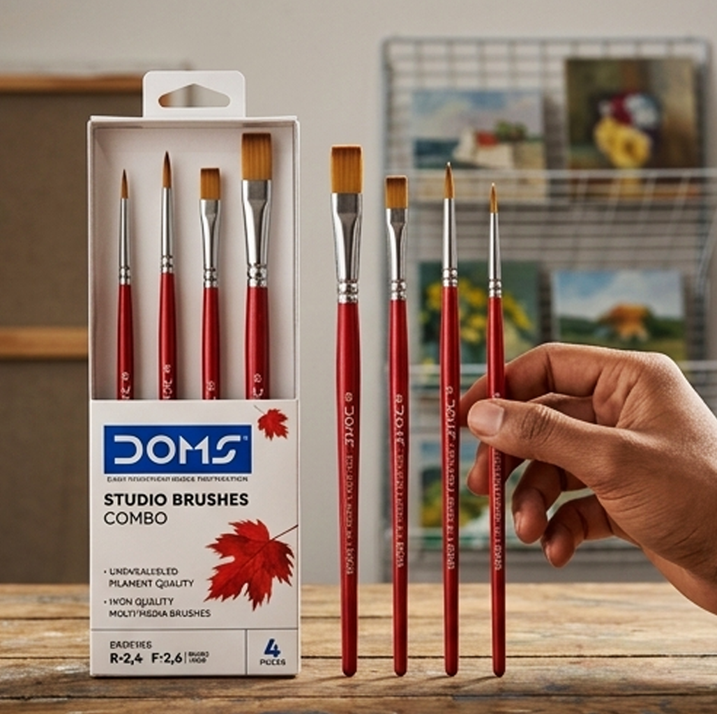 Conjunto de Pincéis para Pintura Artística DOMS Studio: 4 Pincéis Multimédia Planos e Redondos