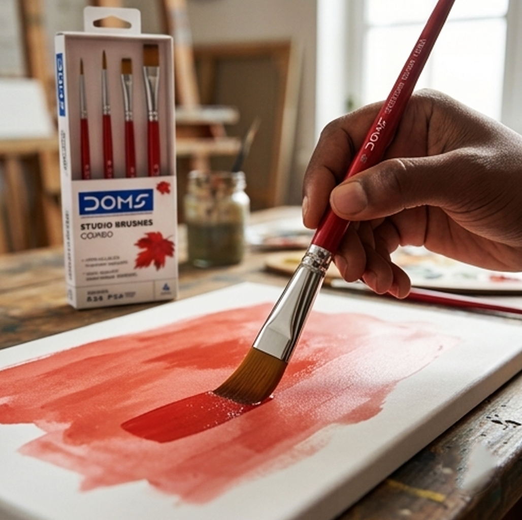 Conjunto de Pincéis para Pintura Artística DOMS Studio: 4 Pincéis Multimédia Planos e Redondos
