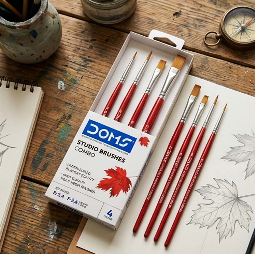 Conjunto de Pincéis para Pintura Artística DOMS Studio: 4 Pincéis Multimédia Planos e Redondos