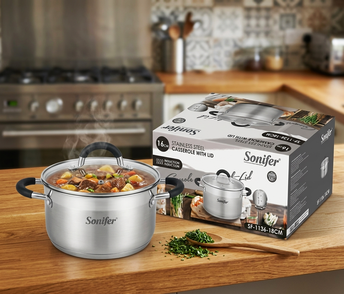 Panela Premium de Aço Inoxidável Sonifer, 18 CM 2.7 L, Adequada para Indução