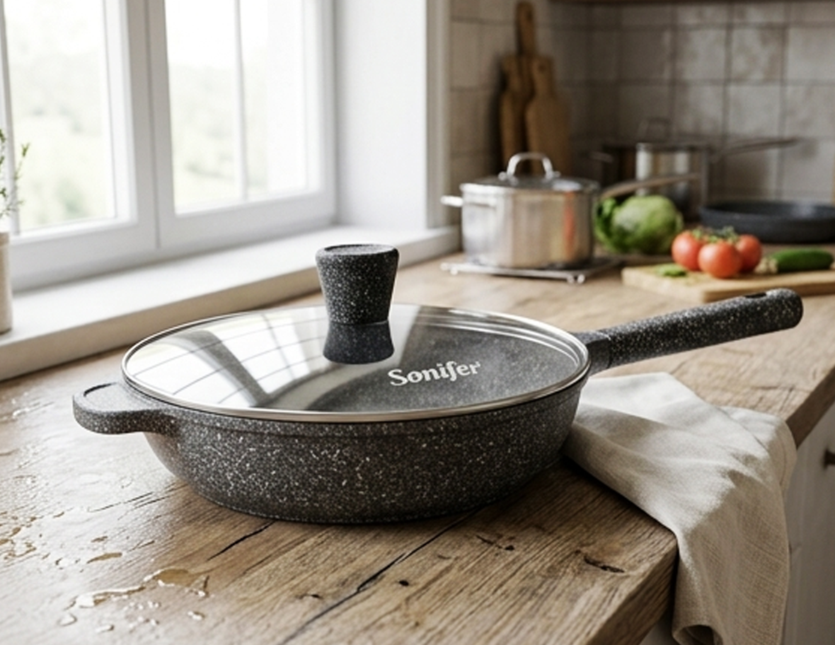 Frigideira Antiaderente de Granito de 24 cm com Tampa de Vidro, Capacidade de 2,3 L