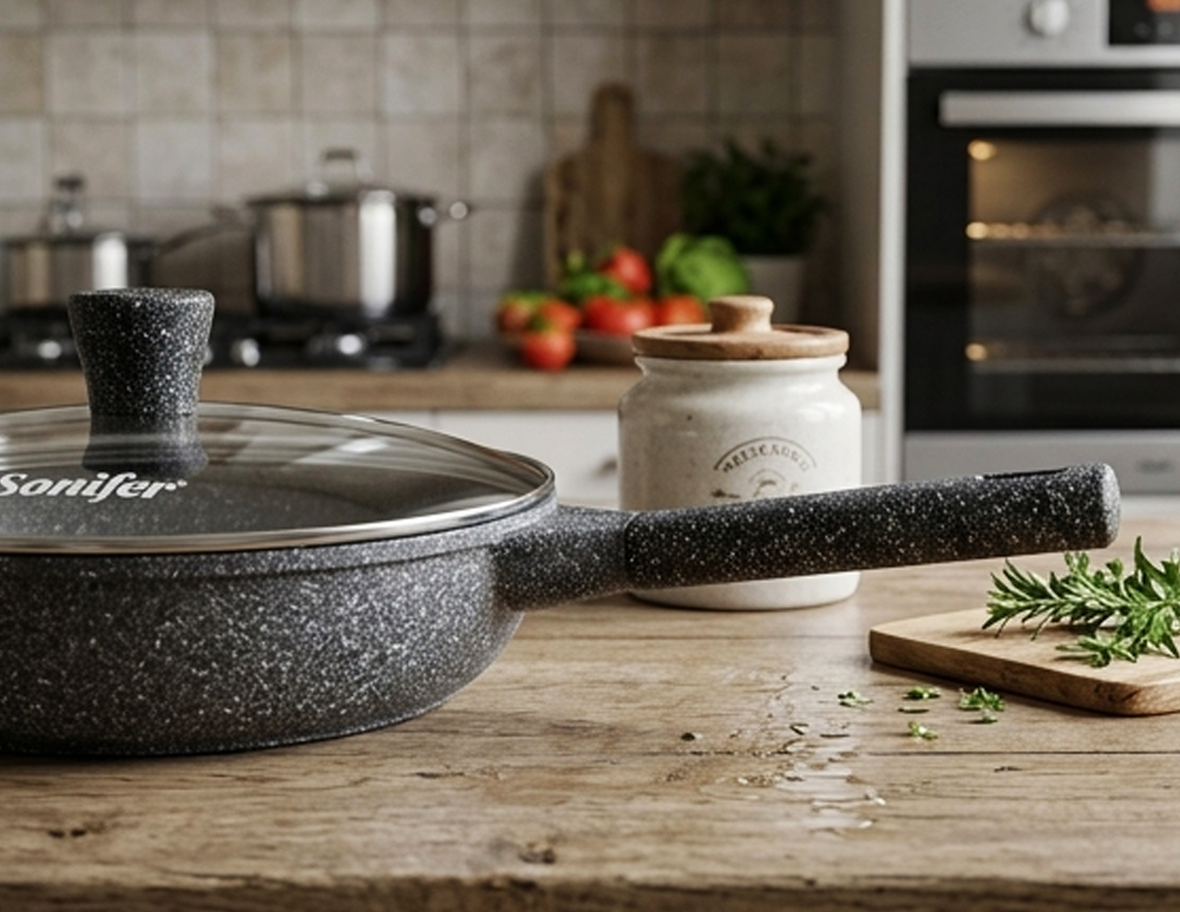 Frigideira Antiaderente de Granito de 24 cm com Tampa de Vidro, Capacidade de 2,3 L