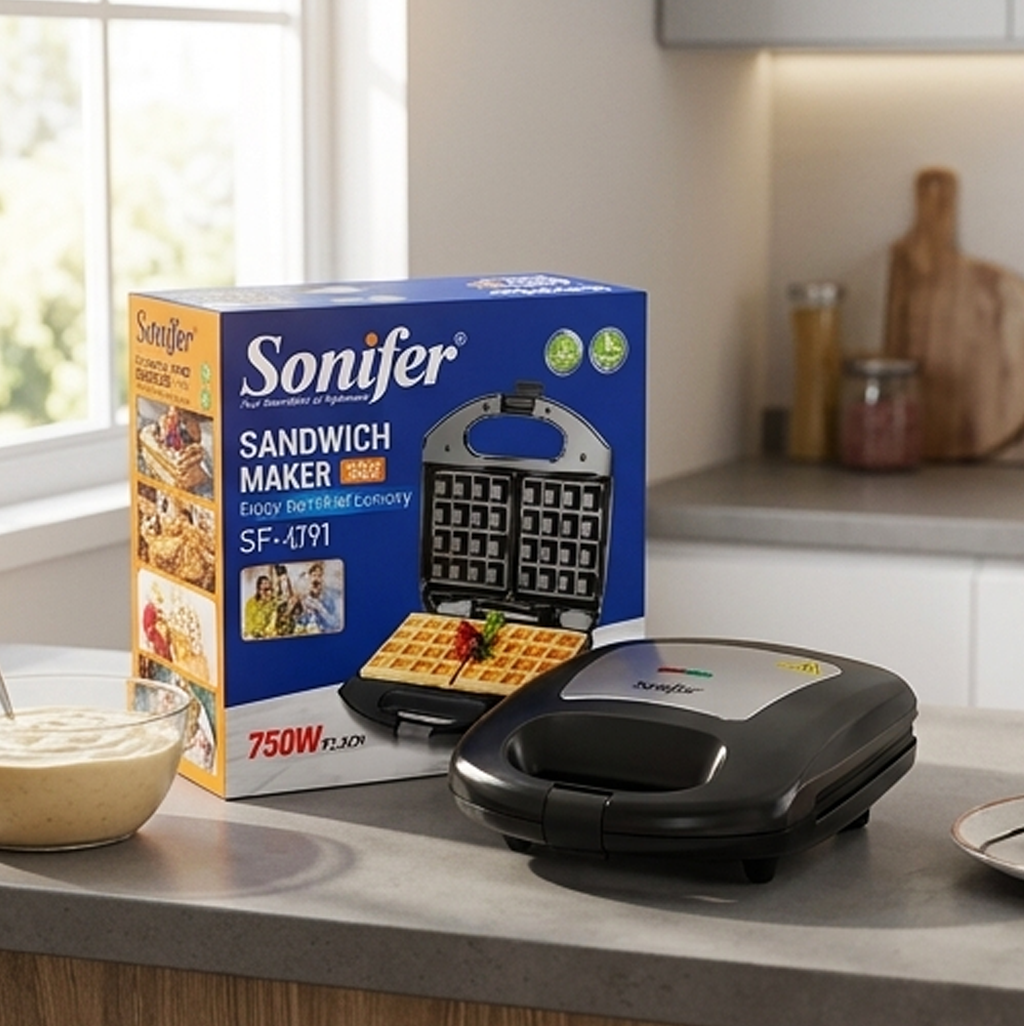 Sonifer SF-6191 Máquina de Waffles e Sanduíches: Compacta, Antiaderente, Segura, Cozedura Rápida