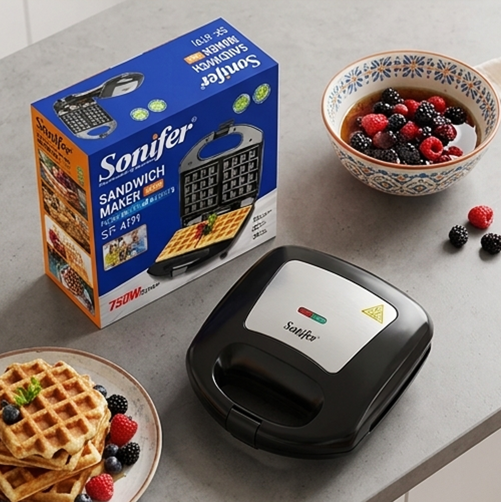 Sonifer SF-6191 Máquina de Waffles e Sanduíches: Compacta, Antiaderente, Segura, Cozedura Rápida