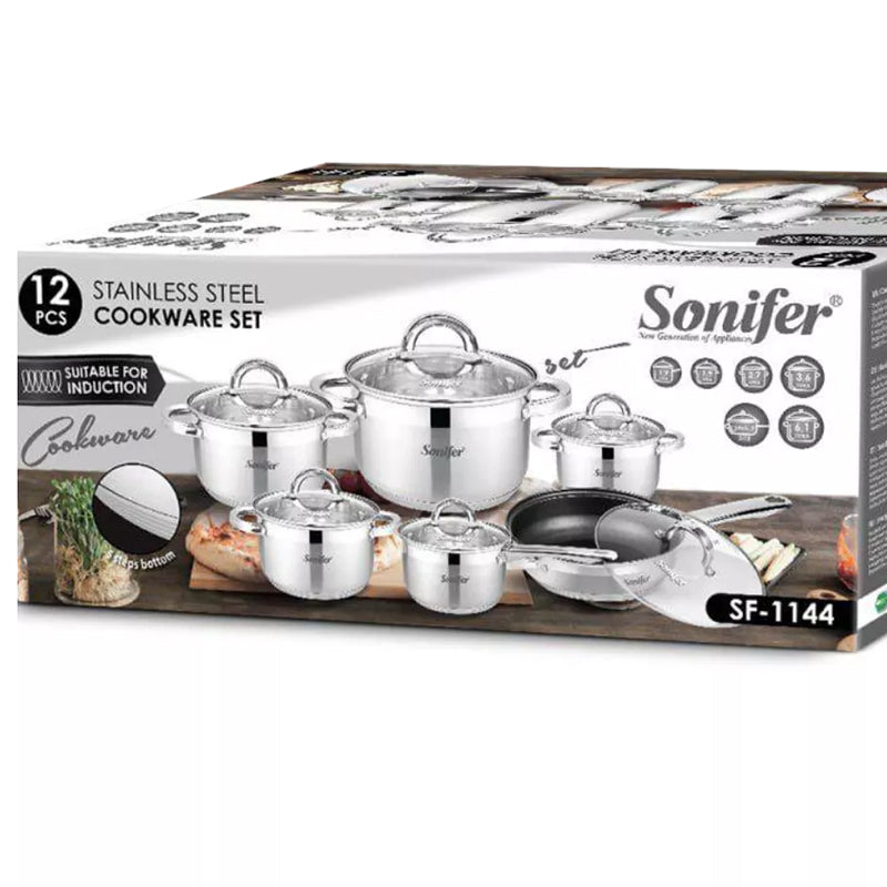 Sonifer 12-Piece Stainless Steel Cookware Set with 3-Layer Bottom & Lids