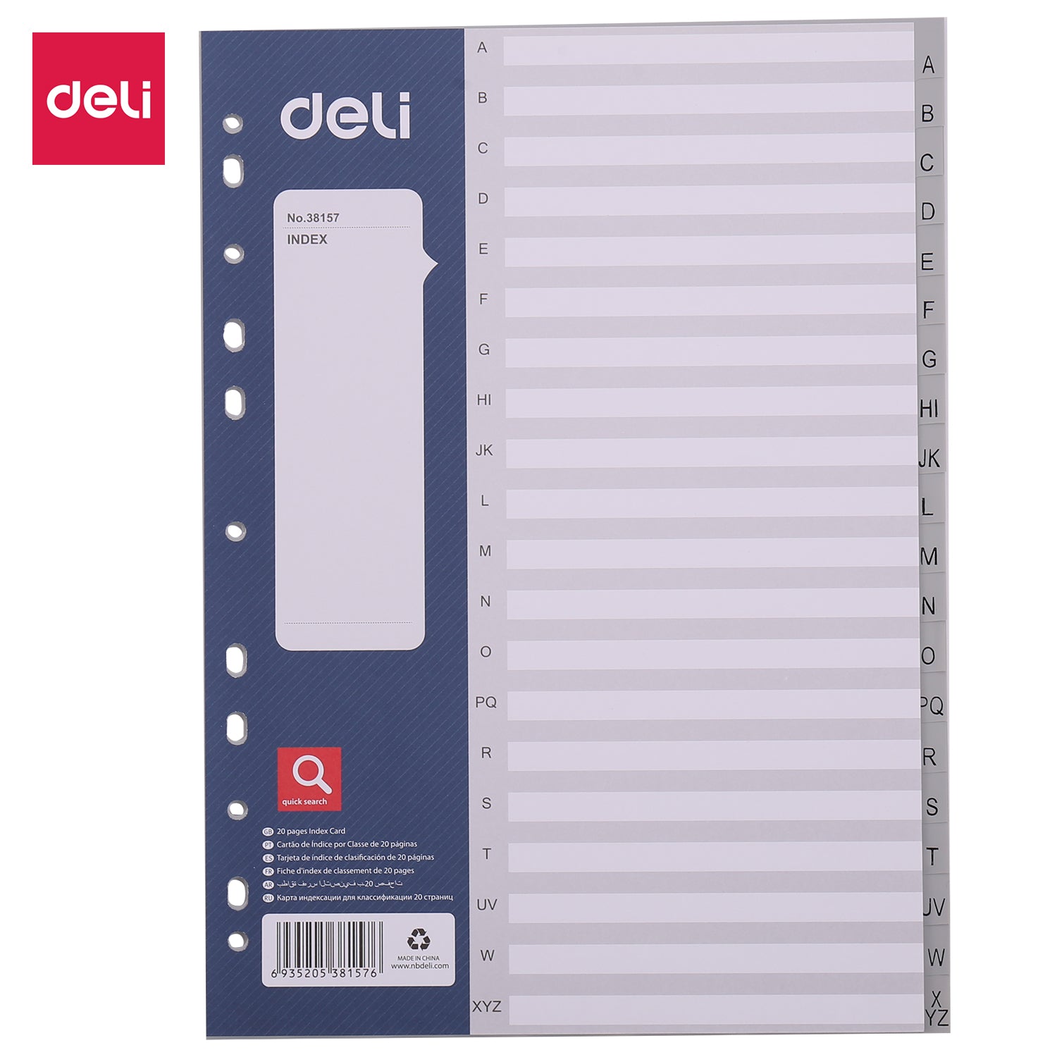 Deli E38157 A4 Document Dividers Grey 20 Pages