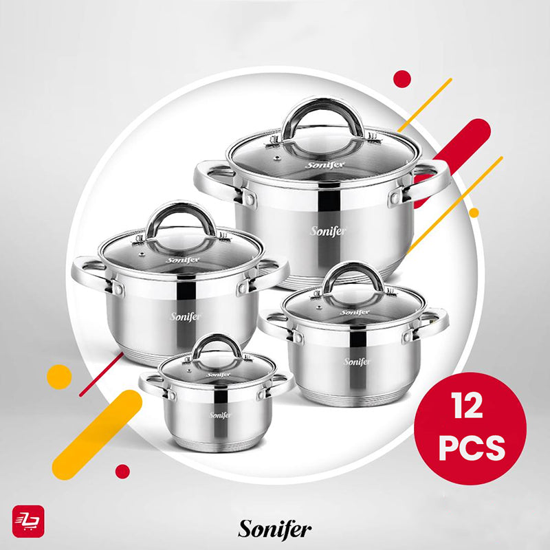 Sonifer 12-Piece Stainless Steel Cookware Set with 3-Layer Bottom & Lids