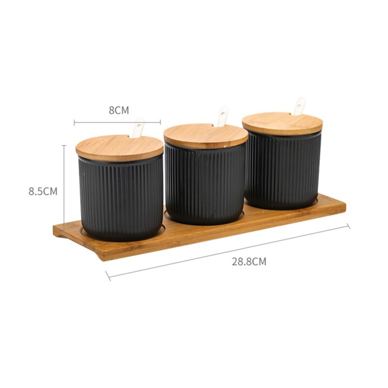 Japanese Style Ceramic Spice Jar Set with Bamboo Lids and Tray