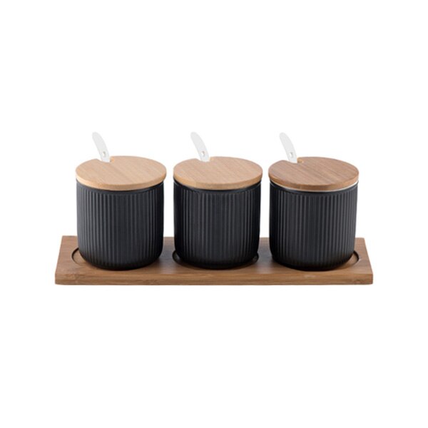 Japanese Style Ceramic Spice Jar Set with Bamboo Lids and Tray