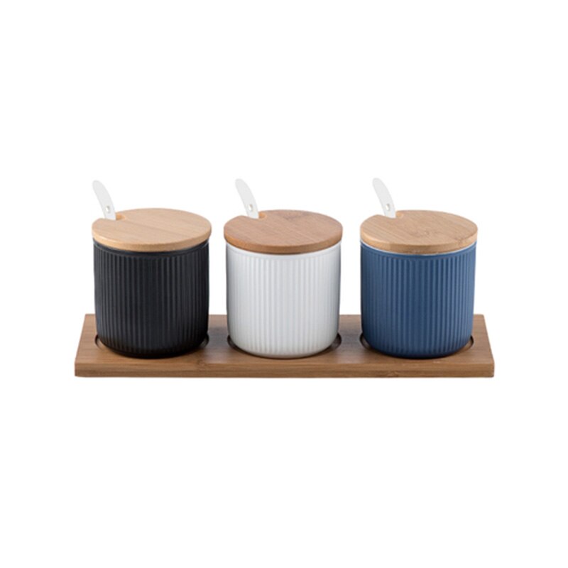 Japanese Style Ceramic Spice Jar Set with Bamboo Lids and Tray