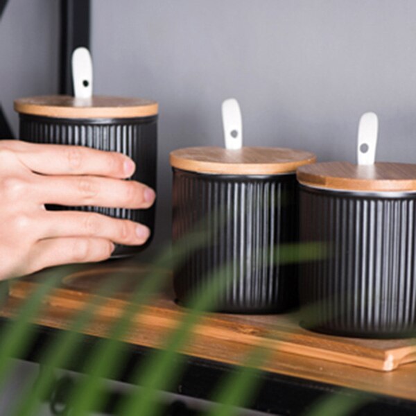Japanese Style Ceramic Spice Jar Set with Bamboo Lids and Tray