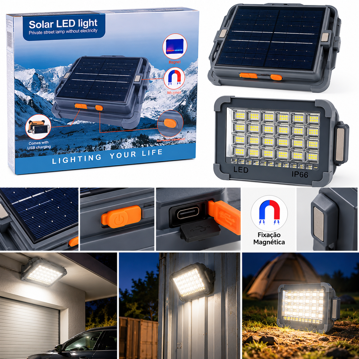 Projector Solar LED Recarregável IP66 com Painel Solar, Fixação Magnética e Carregamento USB - (LANT0009)