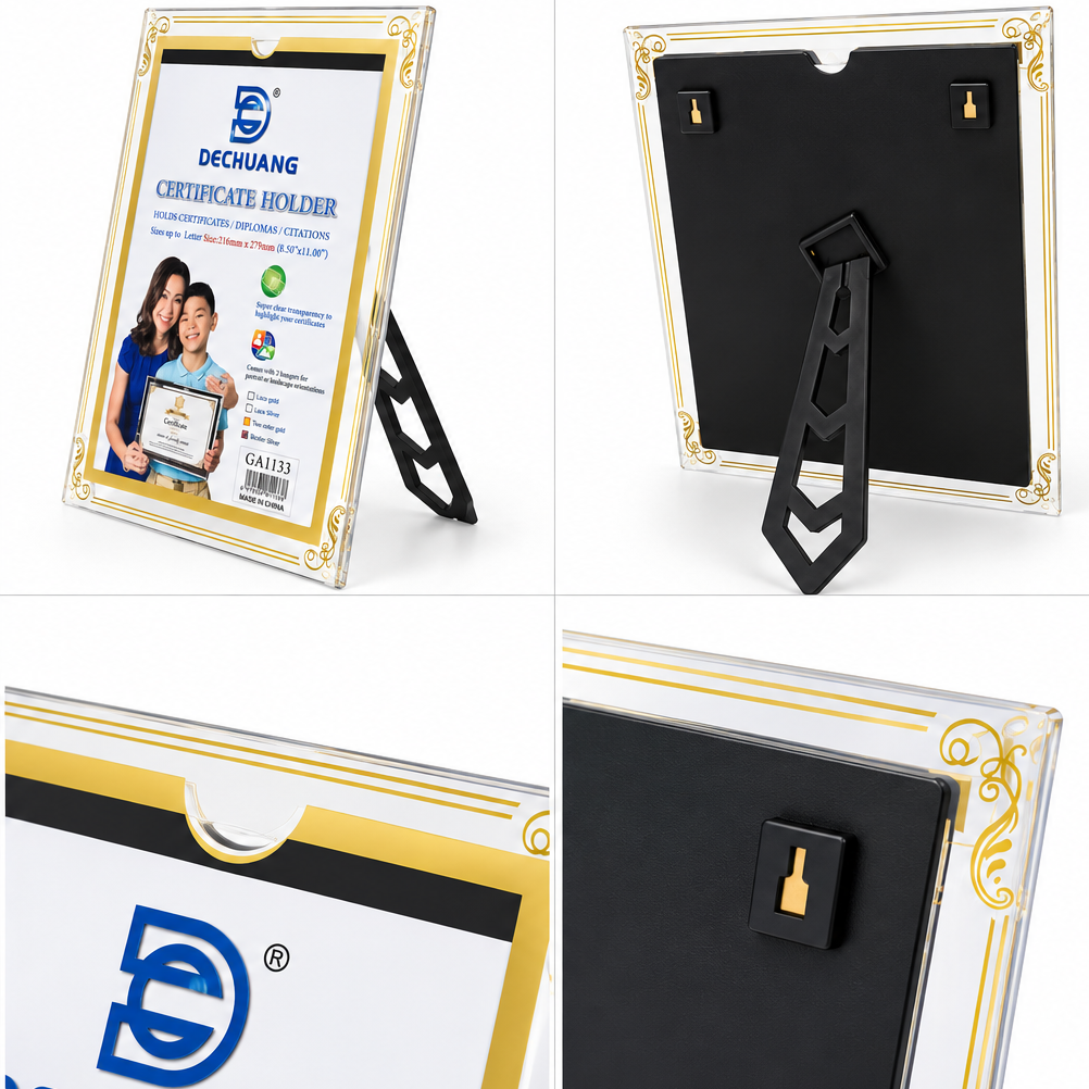 Porta-Certificados A4 com Moldura Dourada e Suporte de Mesa - (AYC164-6)