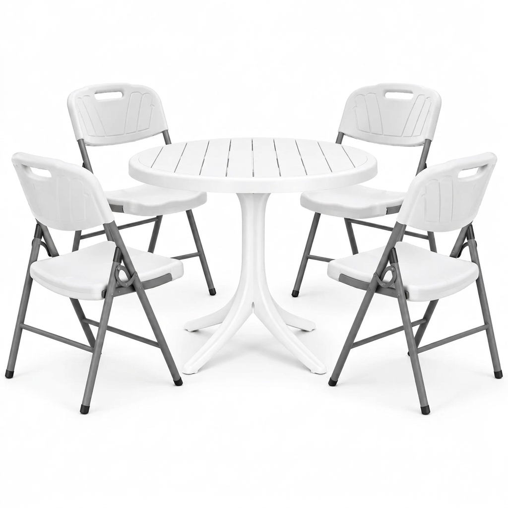 Conjunto de Mesa Redonda Branca 90*90*74cm com 4 Cadeiras Dobráveis - (AYD005-7)