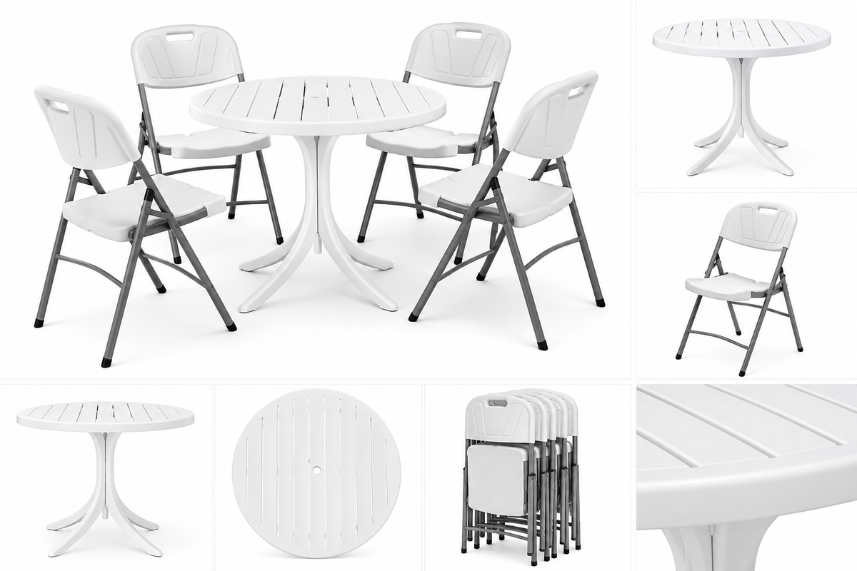 Conjunto de Mesa Redonda Branca 90*90*74cm com 4 Cadeiras Dobráveis - (AYD005-7)