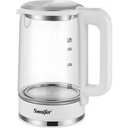 White electric kettle with glass body and metal base on a white background