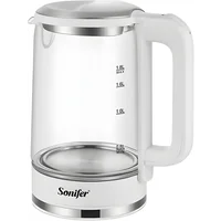 White electric kettle with glass body and metal base on a white background