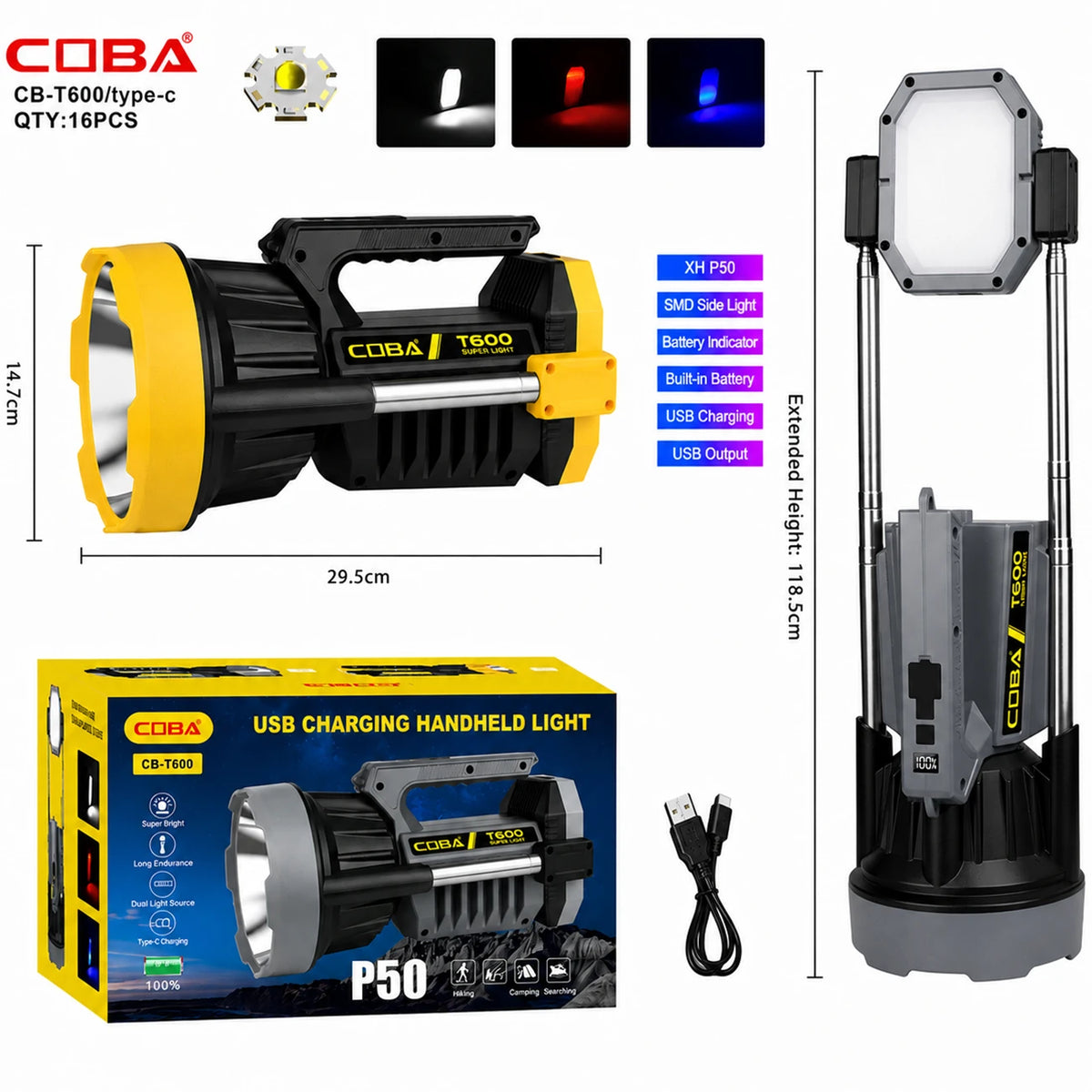 Coba CB-T600 Multi-Functional Rechargeable Flashlight 656 yd - (LANT0007)