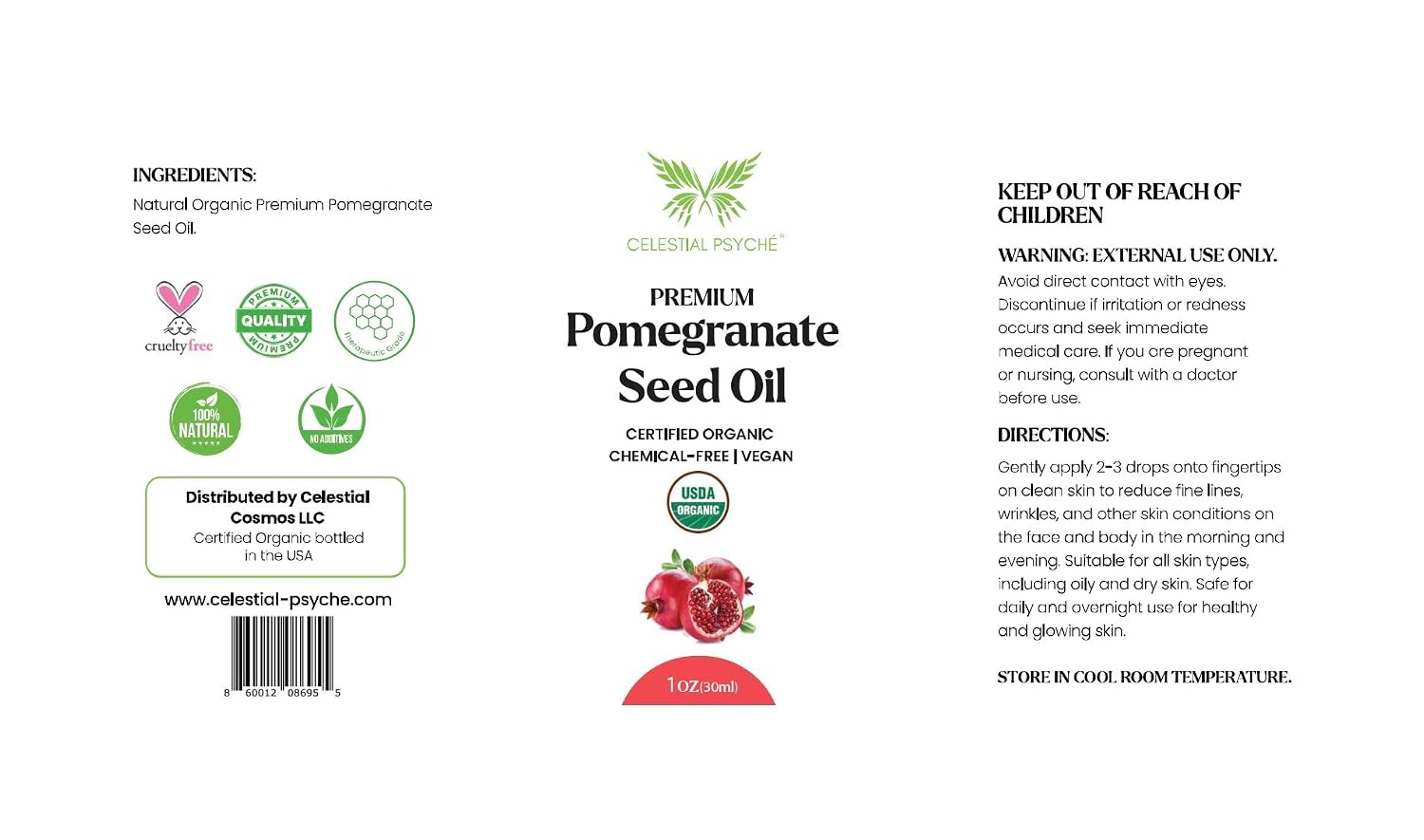 Celestial Psyché Organic Pomegranate Seed Oil 1 oz Pure Natural