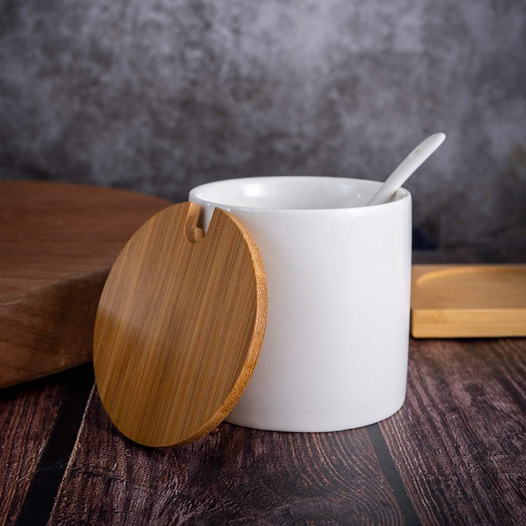 Smarex Ceramic Condiment Jar Set with Bamboo Lids and Tray 3-Piece