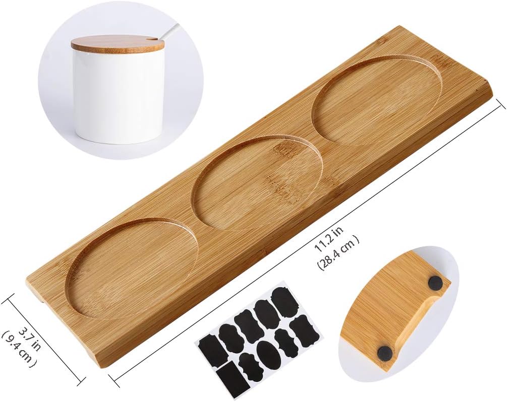 Smarex Ceramic Condiment Jar Set with Bamboo Lids and Tray 3-Piece
