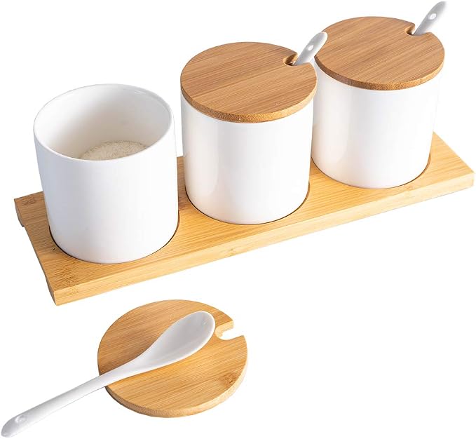 Smarex Ceramic Condiment Jar Set with Bamboo Lids and Tray 3-Piece