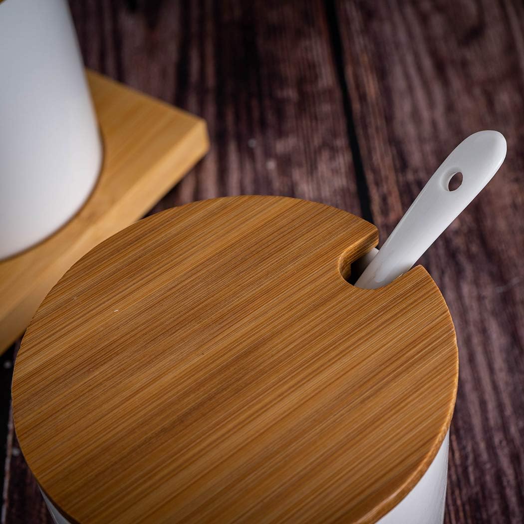 Smarex Ceramic Condiment Jar Set with Bamboo Lids and Tray 3-Piece