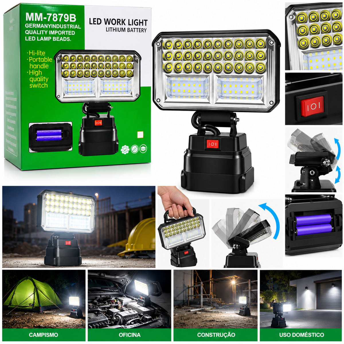 Projector LED Portátil Recarregável MM-7879B com Bateria de Lítio e Suporte Ajustável – (LANT0018)