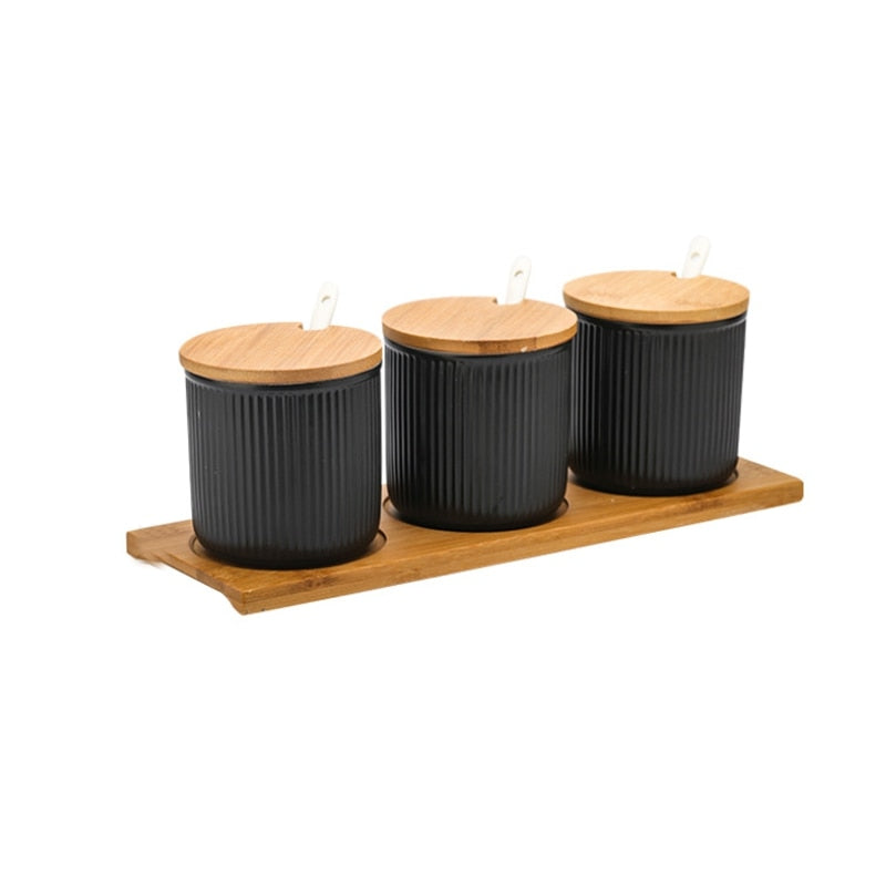 Japanese Style Ceramic Spice Jar Set with Bamboo Lids and Tray