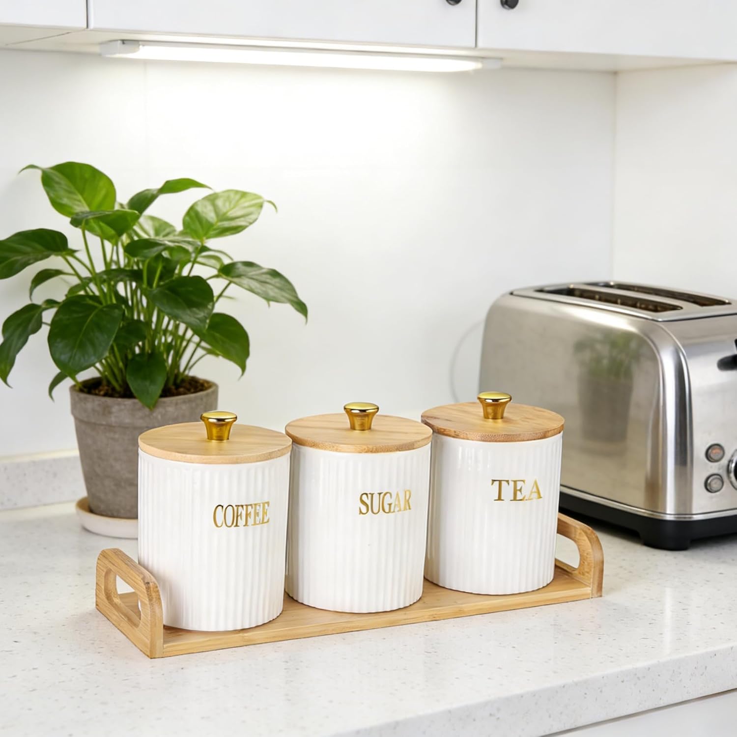 JuxYes Ceramic Canisters with Bamboo Lids Set of 3 White