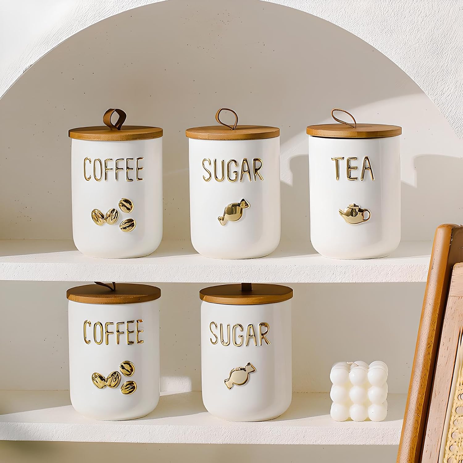 YYW Ceramic Airtight Kitchen Canister Set with Wooden Lid