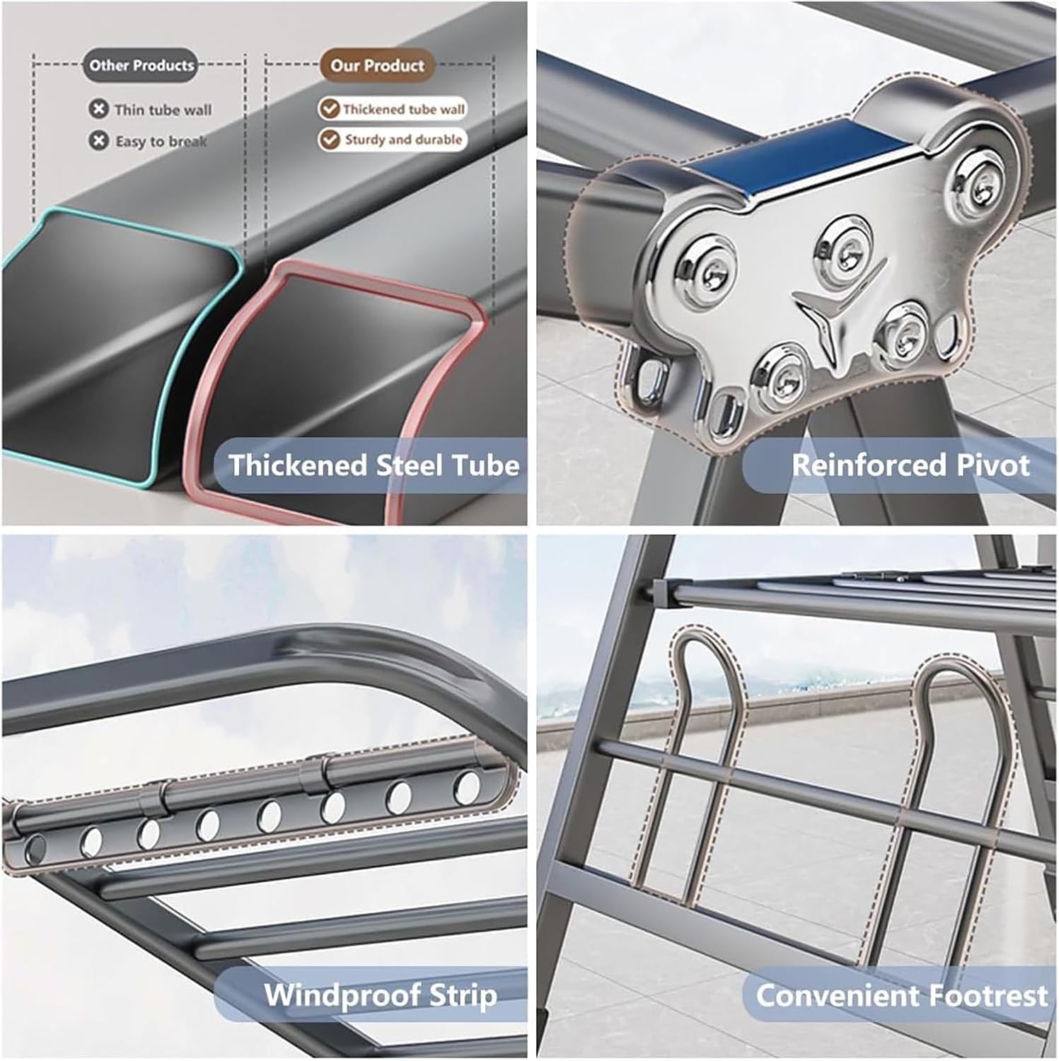 Uandhome 3-Tier Foldable Clothes Drying Rack Carbon Steel Grey