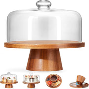VIVIRBIEN Acacia Wood Cake Stand with Glass Dome 11-Inch