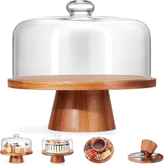 VIVIRBIEN Acacia Wood Cake Stand with Glass Dome 11-Inch