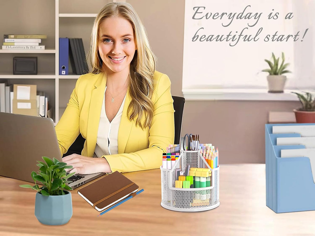 RURYEURT Rotating Pen Holder 5-Compartment Mesh Desk Organizer Pear White